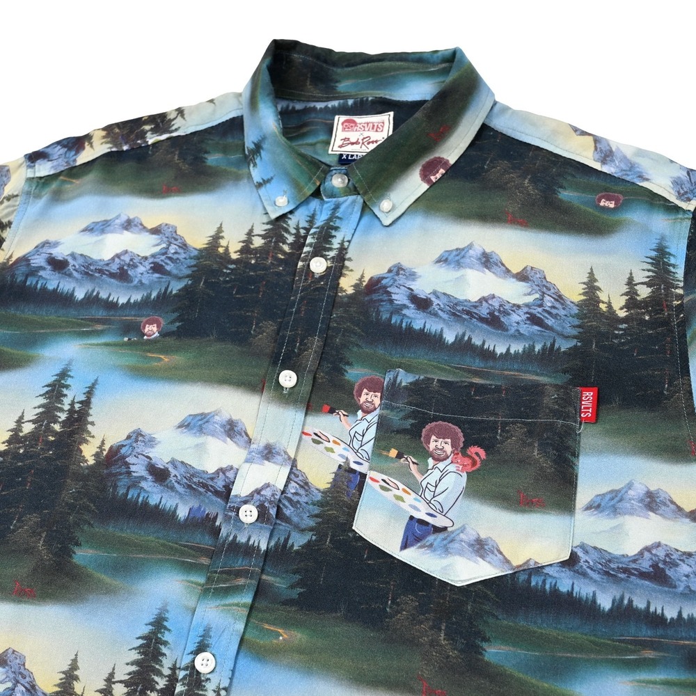 RSVLTS x Bob Ross Landscape Mountains Happy Trees Button Up Shirt Mens XL Rayon